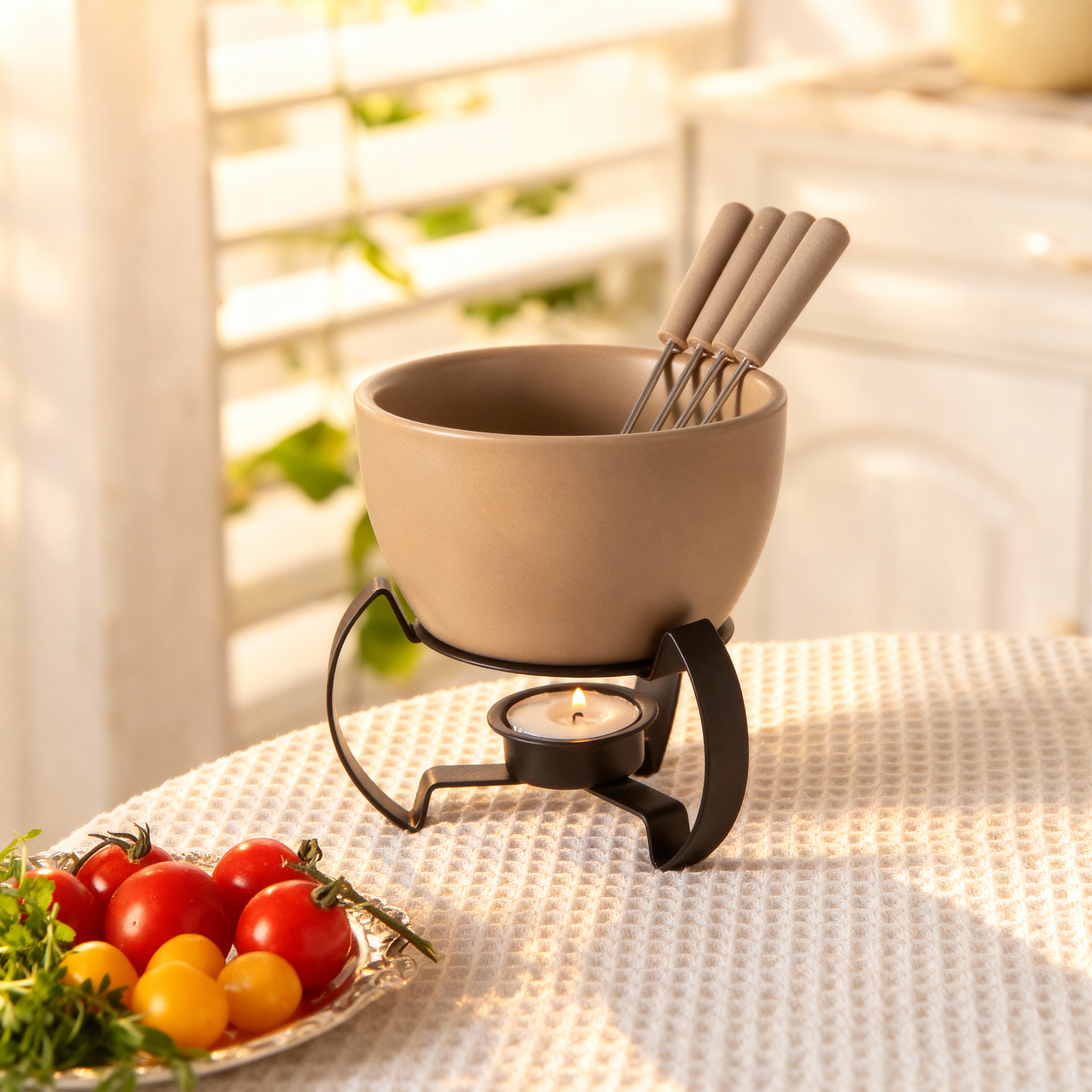 Fondue Pot Ceramic - Eco-Friendly Ceramic Bowl with 4 Matching