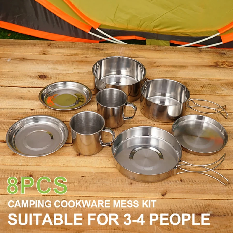 8pcs/Set Camping Cookware Mess - مراجعة Paella Pan Steel وسعره